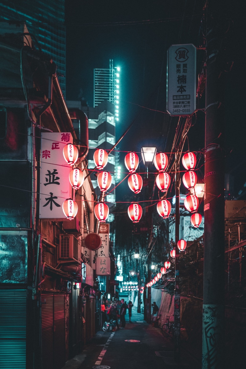 illuminated, western script, information, built structure, architecture, alleyway, lantern, japanese, outdoors, street, cyber city, lighting equipment