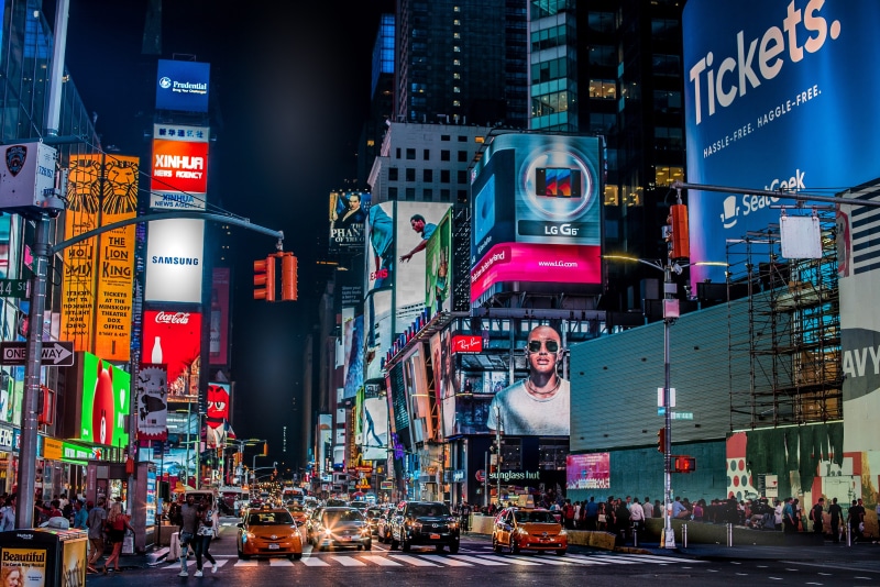 night life, advertisement, transportation, street, city life, building exterior, city street, architecture, york, skyscraper, crossing, time square, car