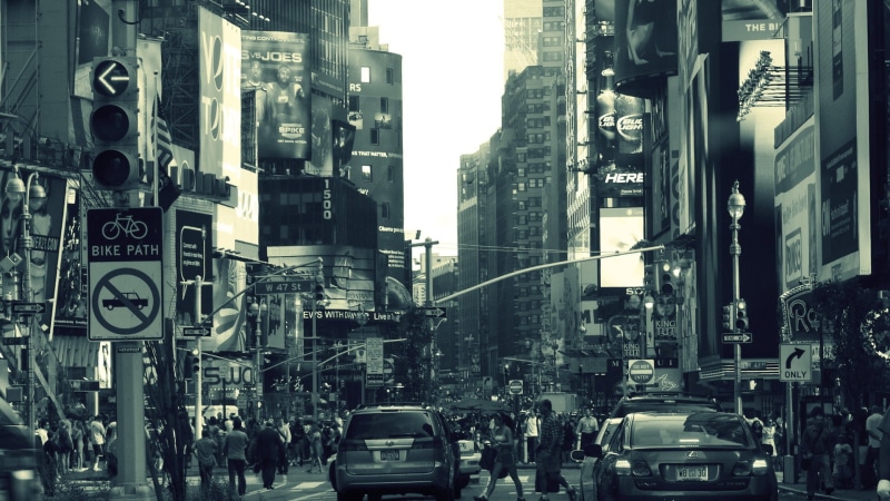 street, billboards, building, urban, city, 1080P, USA, crowds, car, filter, traffic lights, architecture, people, road sign, New York City
