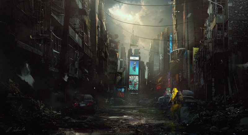 futuristic, billboards, destruction, power lines, abandoned, apocalyptic, 720P, fantasy art, hazmat suits, Darek Zabrocki
