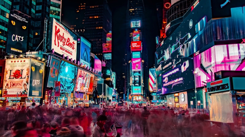 New York City, york, large group of people, commercial sign, crowd, building, neon, new, architecture, skyscraper, multi colored, outdoors, city life, advertisement