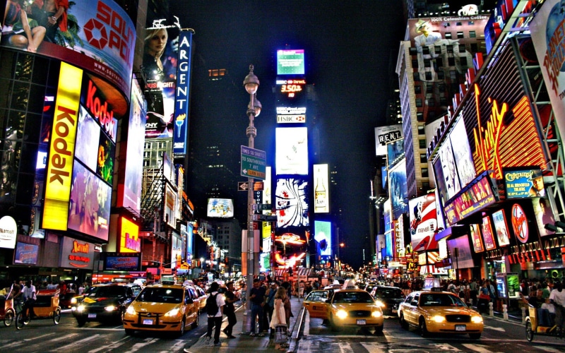 built structure, traffic, city street, motor vehicle, rise, building exterior, city, taxi, crowd, illuminated, nightlife, 1080P, mode of transportation