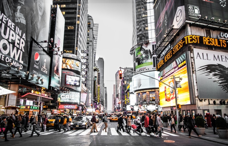 street, crosswalk, transportation, road, architecture, york, office building exterior, times square, traffic, across, ad, modern, built structure, traffic light