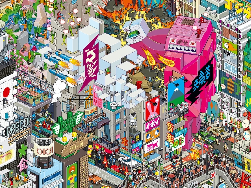 multi colored, communication, advertisement, sign, rocket, representation, script, city, built structure, buildings, multicolored, Japan, pixels, text