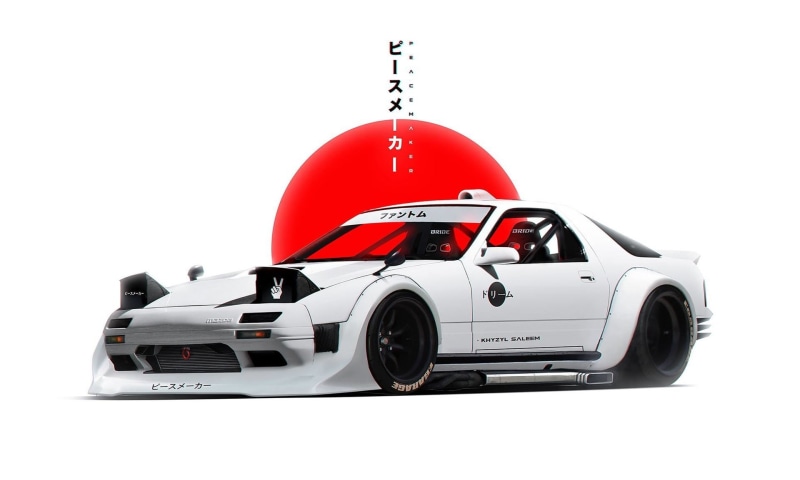 Khyzyl Saleem, artwork, car, render, JDM, simple background, Japan, white, 1080P, Mazda RX-7