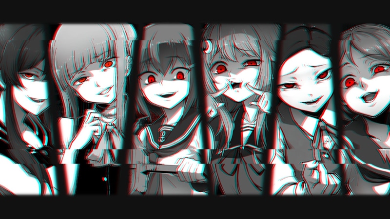 retail, anime girls, celebration, monochrome, outdoors, variation, mask, in a row, transfer print, obscured face, day, auto post production filter, large group of objects