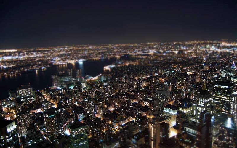 asia, New York City, office Building, architecture, city lights, sky, panoramic, high angle view, 2K, nightlife, tilt shift, building Exterior, blurred