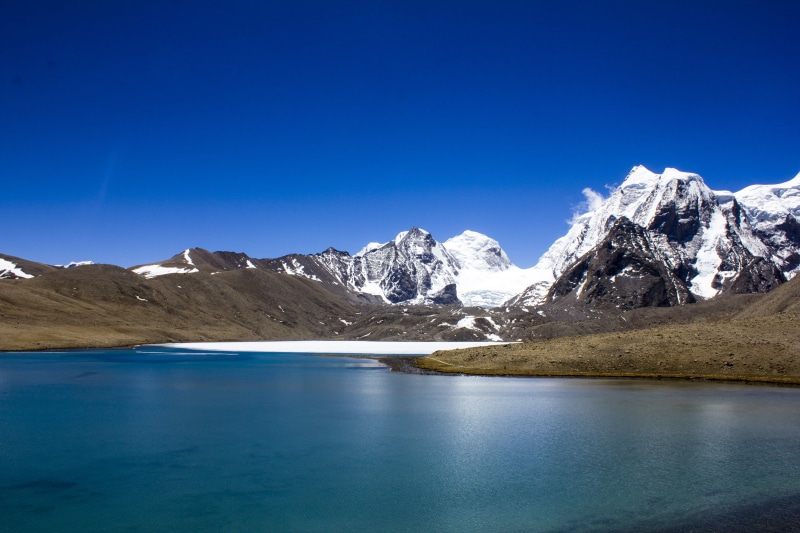 blue, mountain range, sikkim, water, clear sky, cold, scenic, winter, gurudongmar lake, glacier, mountain peak, sky, cold temperature, land, landscape
