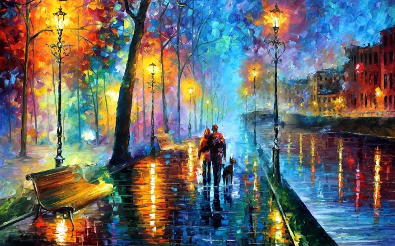 bench, people, real people, motion, adult, Leonid Afremov, 1080P, women, park, reflection, dog, full length, outdoors, couple, architecture, water, group of people