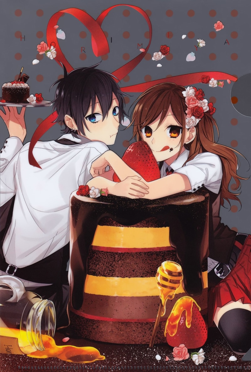 1080P, anime, horimiya, series, couple, food, rose, cake