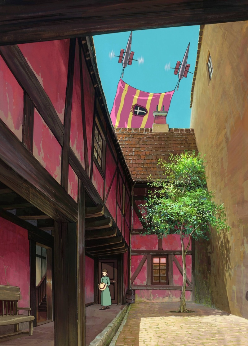 2K, anime, nature, direction, Hauru no Ugoku Shiro, sign, building exterior, Studio Ghibli, day, architecture, the way forward, built structure, entrance