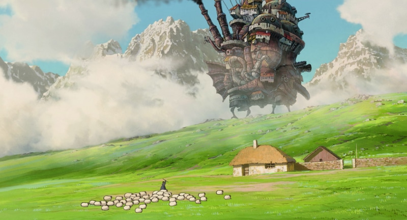 cloud - sky, grass, building exterior, building, animal themes, no people, sky, landscape, 1080P, Howls Moving Castle, group of animals, nature, architecture