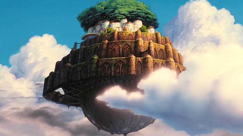 island, old ruin, 2K, travel, green, the past, nature, building, low angle view, Studio Ghibli, history, building exterior, ancient, illustration, sunlight