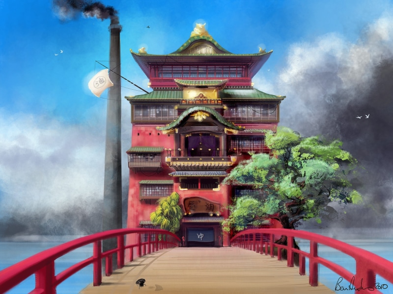house, art, cloud, anime, spirited, bathroom, ghibli, spirit, japan, ben, hd, Hayao Miyazaki, hayao, trees, bath, away, miyazaki, 1080P, ch, houses, architecture