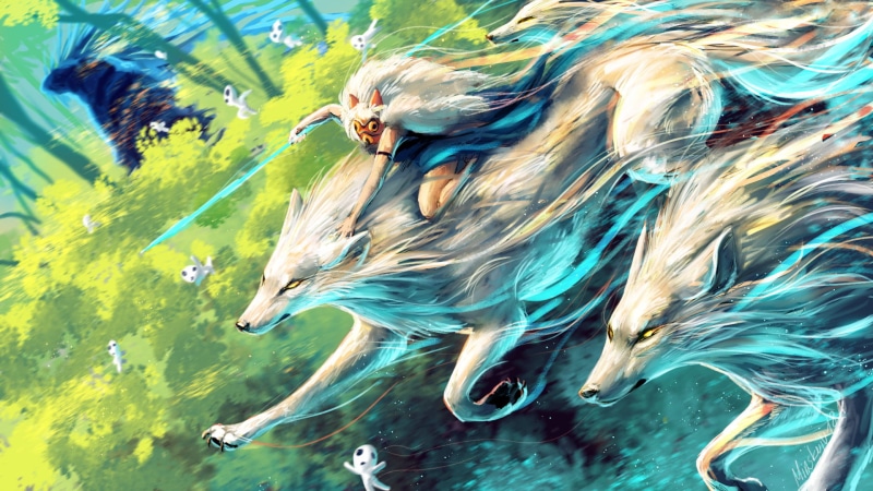 Studio Ghibli, fantasy art, artwork, wolf, forest, Princess Mononoke, 1080P, anime