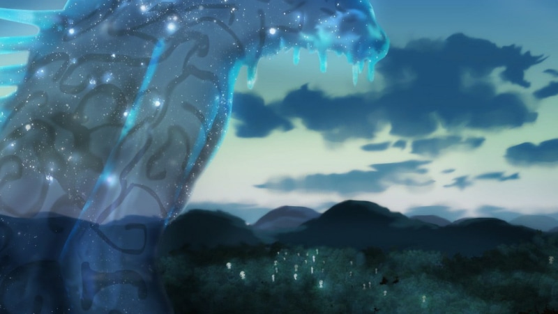 water, Studio Ghibli, anime, sky, leisure activity, outdoors, Princess Mononoke, one person, cloud - sky, sea, transparent, nature, day, mountain, close-up