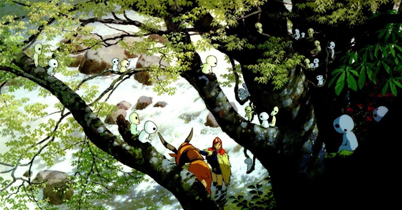 anime, outdoors, flower, low angle view, branch, beauty in nature, nature, plant, day, no people, leaf, sunlight, fragility, Princess Mononoke, flowering plant