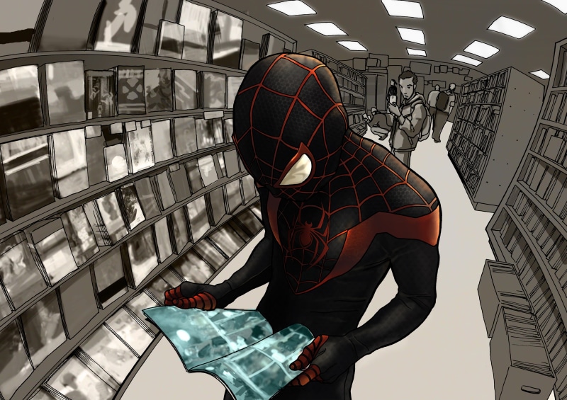 day, rear view, standing, Ultimate Spider-Man, leisure activity, marvel, real people, man, full length, adult, casual clothing, machinery, indoors, 2K