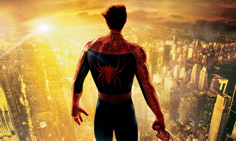Tobey Maguire, looking at view, 2K, office building exterior, skyscraper, outdoors, nature, cityscape, Peter Parker, casual clothing, spider