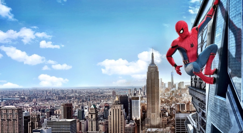 cloud - sky, residential district, red, building, man, 1080P, sunlight, modern, spiderman, nature, Movies, Spider-Man, adult, 2017, homecoming