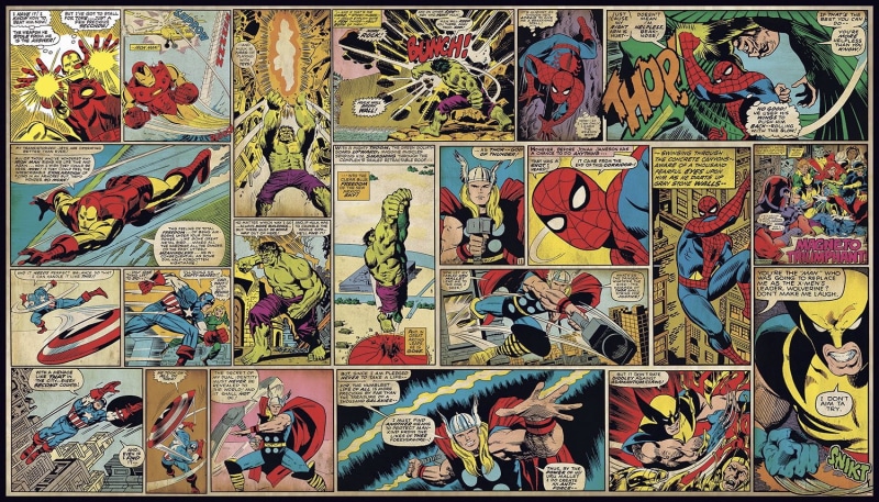 indoors, communication, Spider-Man, multi colored, pattern, design, Iron Man, mural, no people, full frame, backgrounds, large group of objects, male likeness