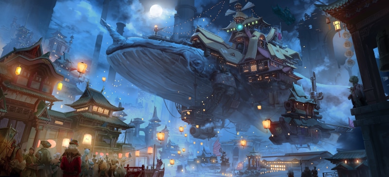 lantern, Asian architecture, Chinese architecture, night, fan art, fantasy architecture, whale, Genshin Impact, Chinese character, 5K, video game art