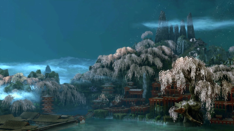night sky, cherry blossom, architecture, mountains, screen shot, landscape, Sekiro: Shadows Die Twice, pagoda, Japan, 1080P, video game art, water, Asian