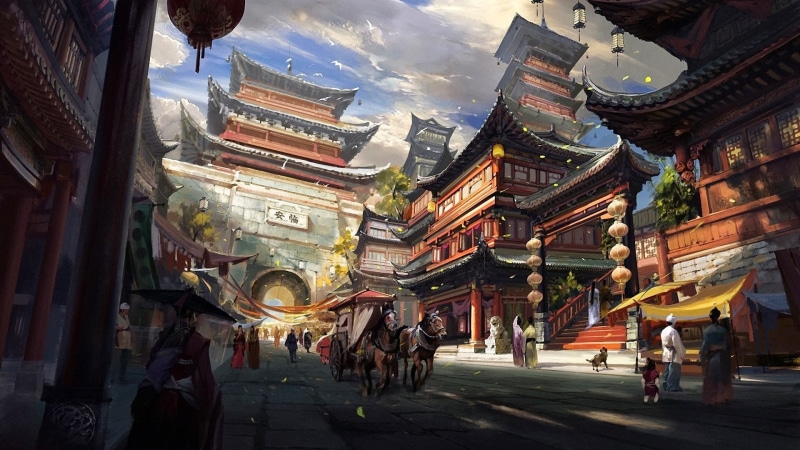 artwork, brown, spirituality, architecture, place of worship, black, table, crowd, religion, building, wooden, building exterior, Asian, leisure activity