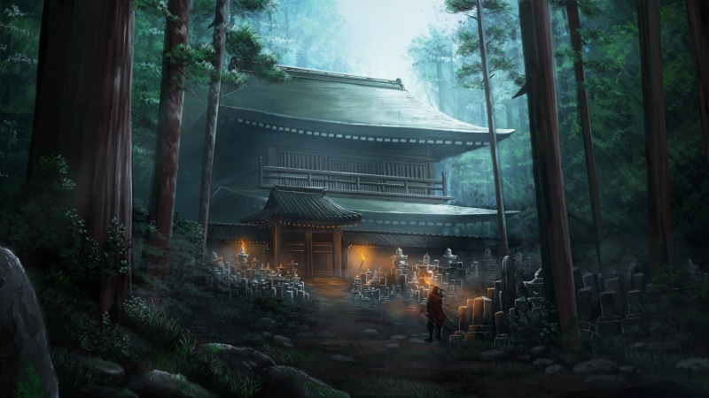 fantasy art, temple, forest, Asian, soldier, nature, warrior, Chinese architecture, digital art, 4K