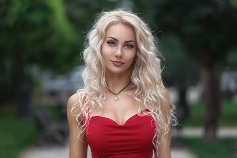tight dress, wavy hair, real people, day, beauty, portrait, young adult, blonde, necklace, hairstyle, front view, outdoors, red, young women, Galyaev Evgeniy