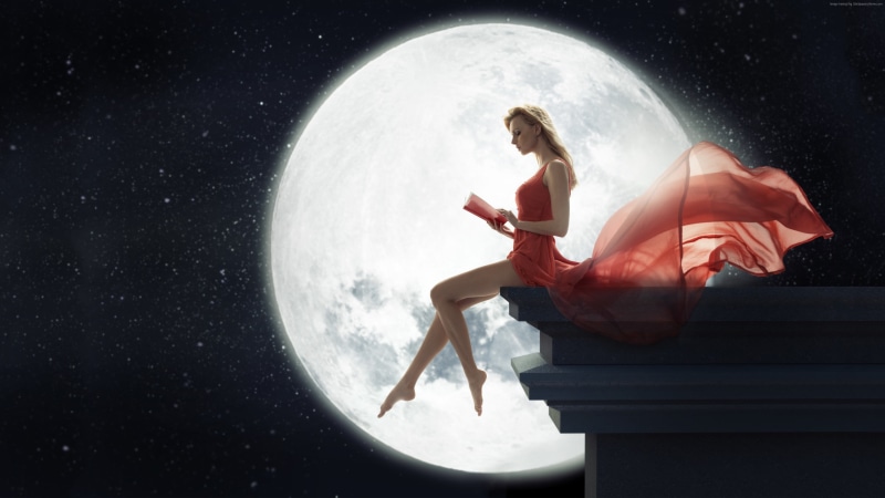 girl, red, 4k pics, moon, night, 4K, book, dress