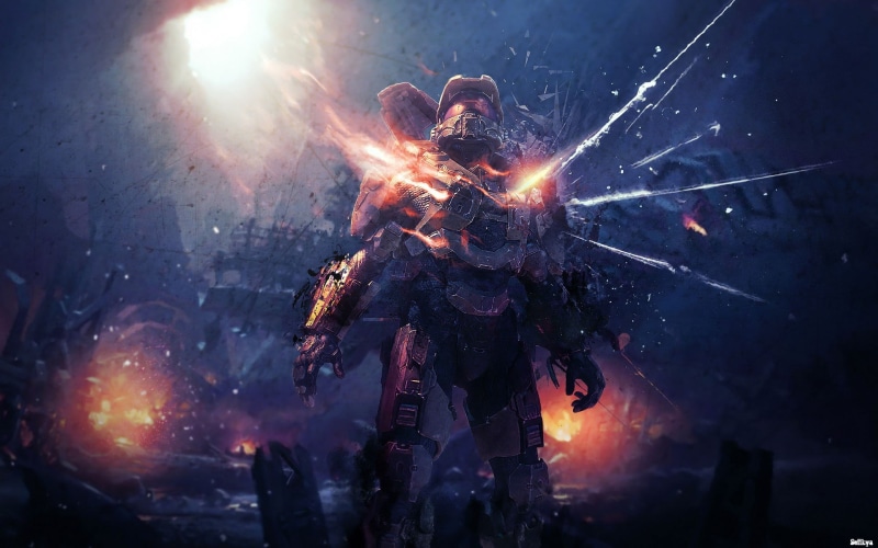 event, illuminated, fire, flame, Halo, sparks, motion, artwork, city, firework, firework - man made object, no people, Master Chief, Halo: Master Chief Collection