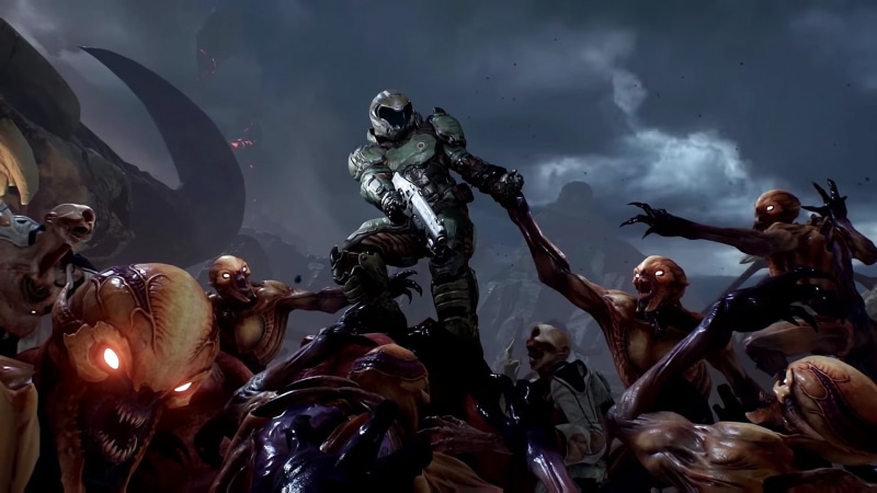 event, art and craft, human representation, arts culture and entertainment, halo, representation, 1080P, low angle view, sculpture, people, sky, Doom (game)
