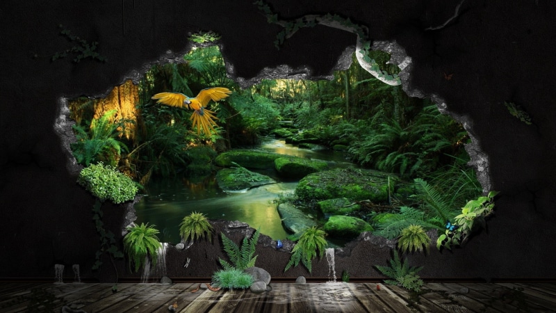 plant part, wooden surface, no people, freshness, tranquil scene, leaf, beauty in nature, outdoors, green, stream, CGI, leafed, water, plant, green color