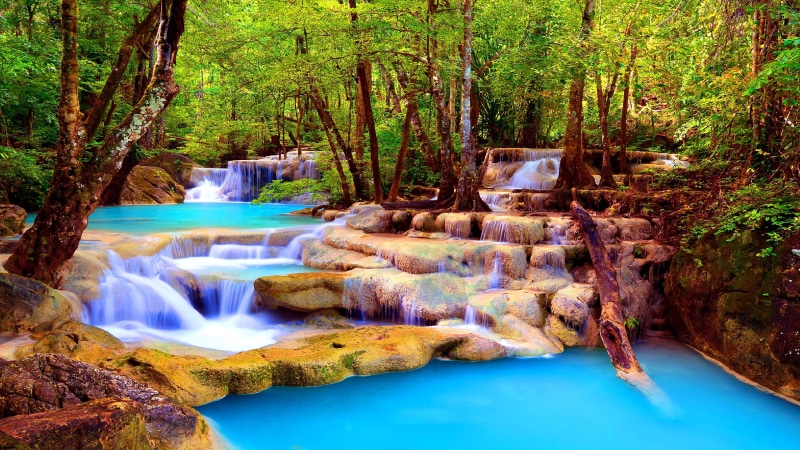 nature, tree, 4K, creek, water, erawan national park, asia, thailand, plant, erawan waterfall, erawan falls, stream, waterfall