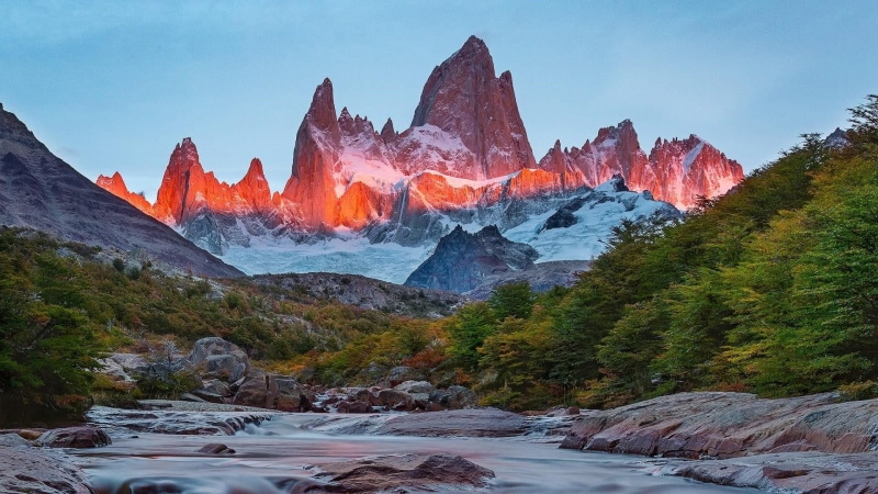 peak, fitz roy, travel destinations, tranquility, water, idyllic, river, cerro fitz roy, mountainous landforms, rock formation, stream, tree, outdoors