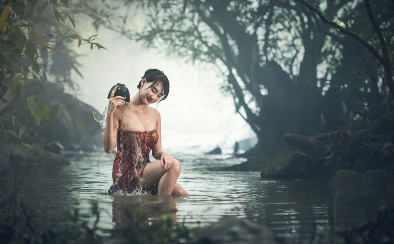 Stream, Countryside, waterfront, plant, Tropical, s, tourism, people, Travel, sitting, Outdoor, Country, orange, shirtless, outdoors, Creek, Thailand, Woman