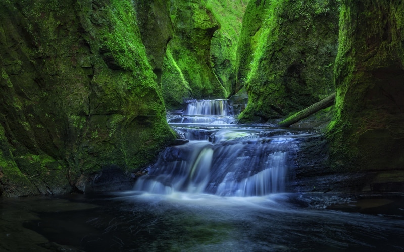 green Color, freshness, Landscape, 1080P, falls, river, forest, outdoors, Devils Pulpit, water falls, beauty In Nature, scenics, Gorge, nature, photo