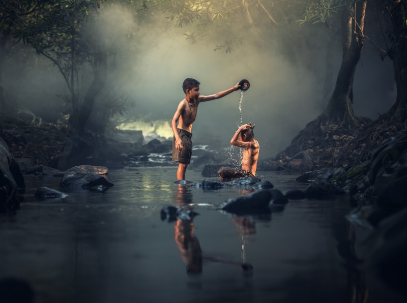 Water, beauty in nature, River, Photography, Nature, Stream, Washing, two people, real people, rock - object, Bath, Thailand, trip, Playing, pour, Reflection