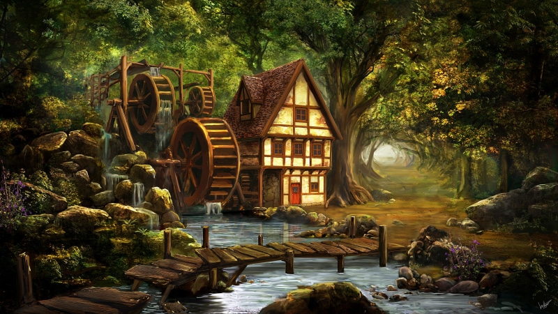 dreamy, romantic, fantasy art, nature, magical, woodland, illustration, dreamland, watermill, house, painting art, forest, magic, fairytale, landscape