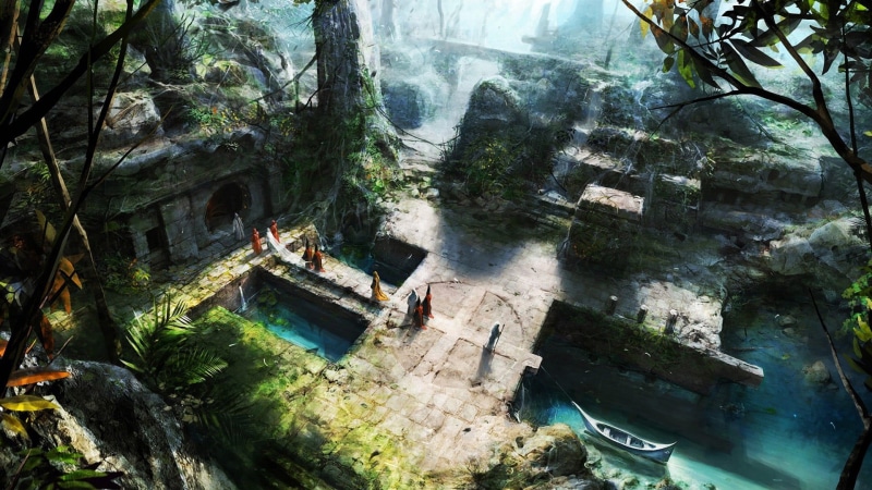 concrete, rock, architecture, moss, forest, plant, sunlight, travel, beauty in nature, land, digital art, nature, tree, digital, coated, ruins, day, no people