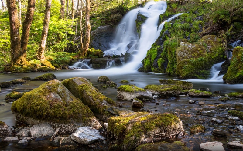 no people, green, motion, nature, 4K, power in nature, solid, rock, scenics - nature, plant, rocks, waterfall, blurred motion, mobile, stream - flowing water