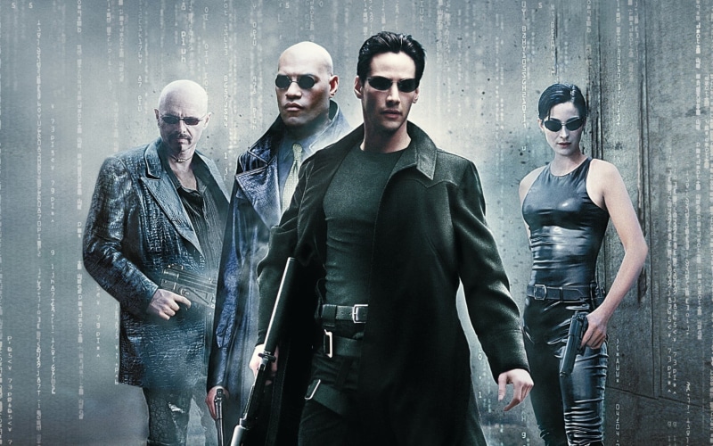 720P, Neo, trinity (movies), adult, Keanu Reeves, front view, standing, portrait, mid adult, group of people, waist up, poster, togetherness, males, men