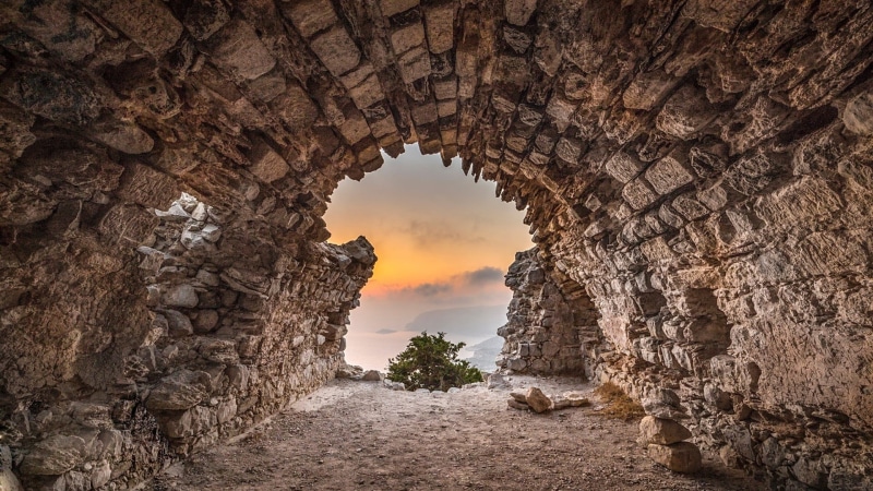 history, sunset, the past, leafed, architecture, mountains, 1080P, tunnel, clouds, ancient, travel destinations, solid, trees, mist, eroded, arch, rock - object