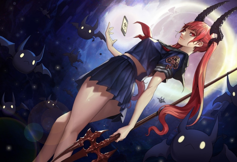no people, demon, multi colored, succubus, anime, low angle view, amusement park, female, event, school uniform, Moon, human representation