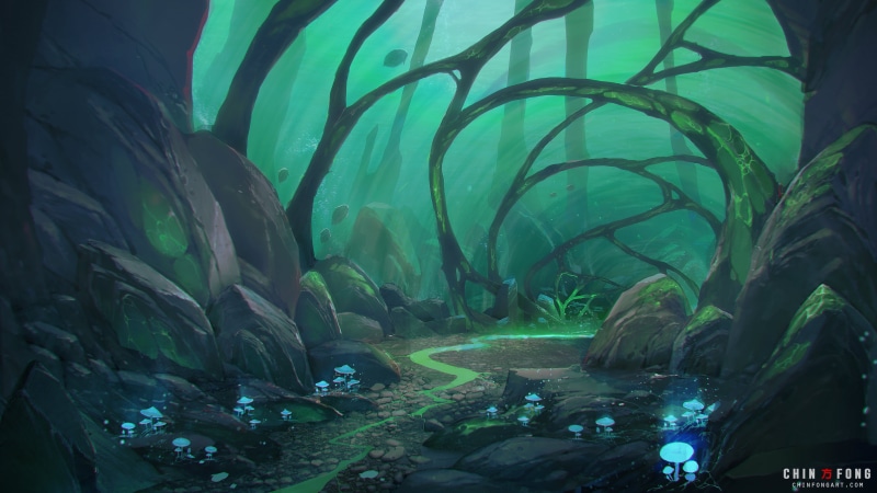 jungle, outdoors, environment, green, rocks, cave, illustration, 2K, Chin Fong, lights, forest, digital painting, artwork, nature, science fiction, landscape
