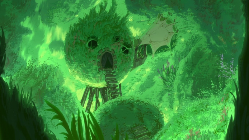 outdoors, art and craft, cage, nature, anime, day, Made in Abyss, growth, tree, plant part, close-up, beauty in nature, environment, bird, cave, green color