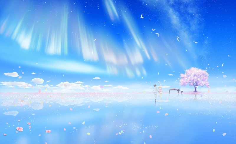 motion, water, firework, firework display, night, arts culture and entertainment, 1080P, no people, Shigatsu wa Kimi no Uso, Miyazono Kaori, piano, glowing