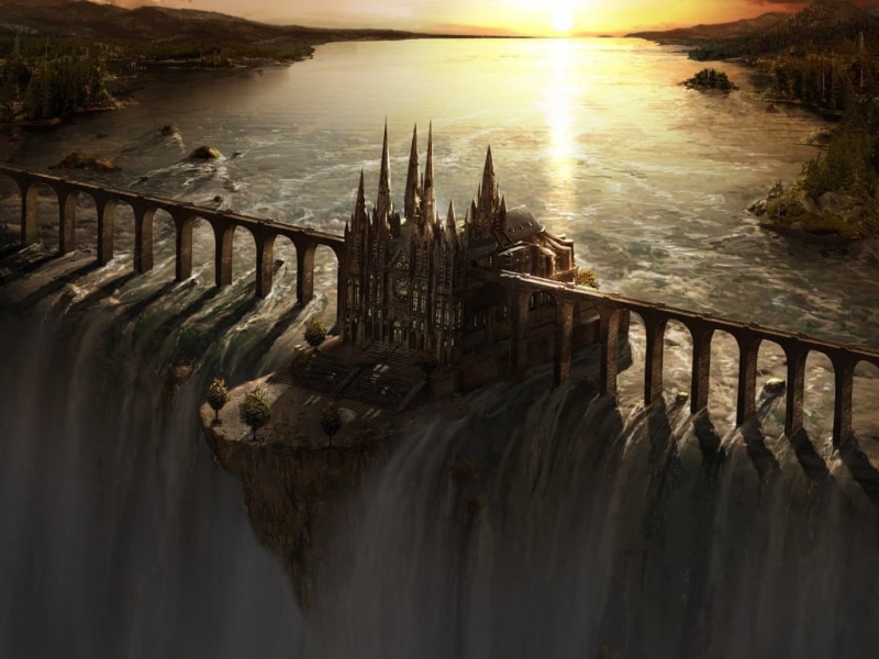 outdoors, castle, river, flowing water, sunlight, medieval, connection, water, scenics - nature, artwork, beauty in nature, sun, built structure, 480P