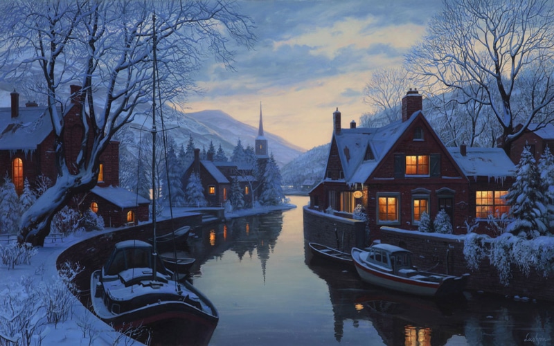 Eugeny Lushpin, tree, snow, cultures, painted, Eugene Lushpin, plant, Lushpin, urban Scene, scenics, outdoors, no people, brown, the evening, waterfront